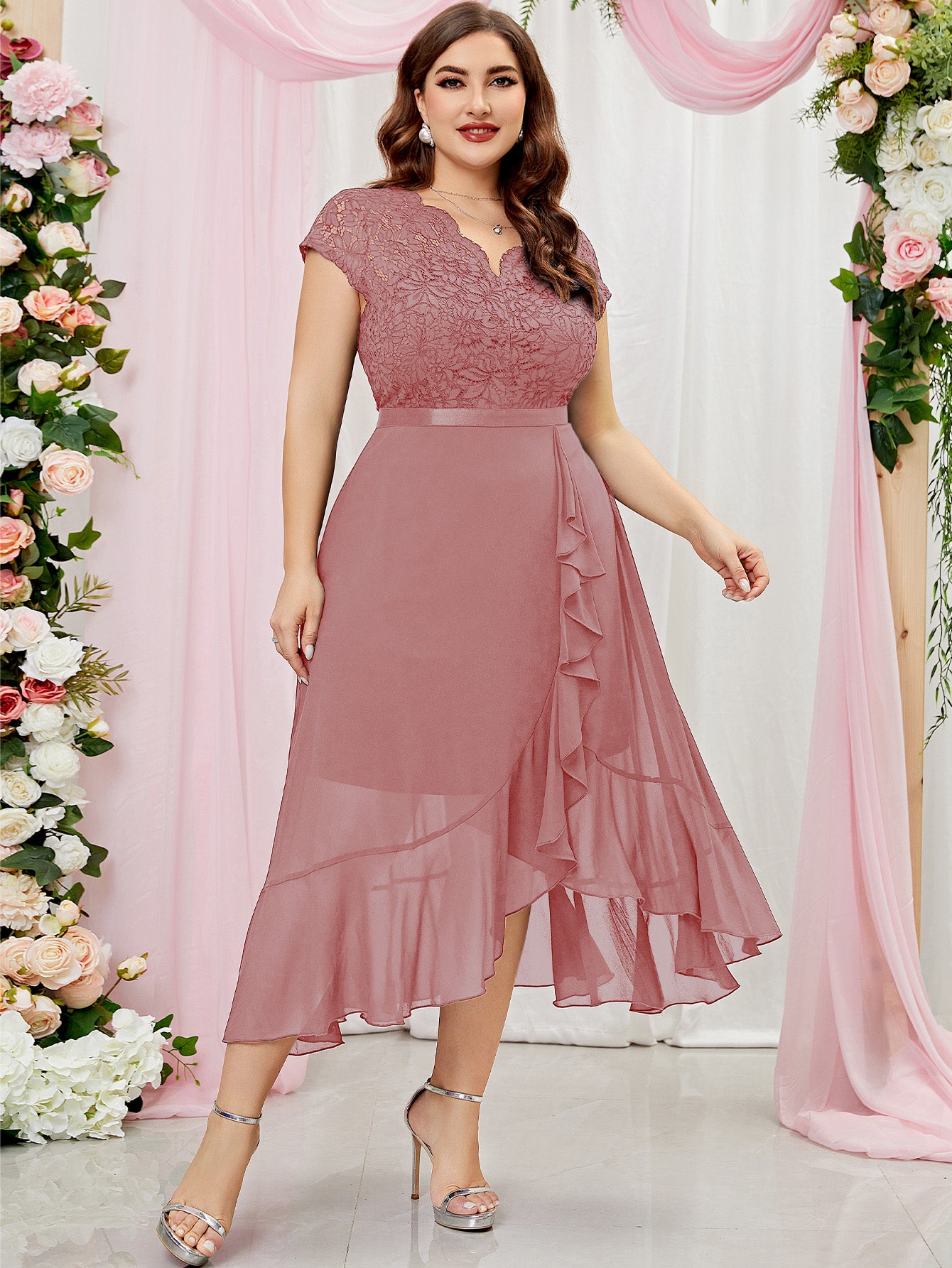 Plus Size V-Neck Floral Lace Bridesmaid Maxi Dress, Ruffle Design