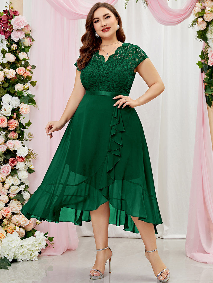 Plus Size V-Neck Floral Lace Bridesmaid Maxi Dress, Ruffle Design for Miusol Plus Size V-Neck Floral Lace Bridesmaid Maxi Dress, Ruffle Design for Miusol