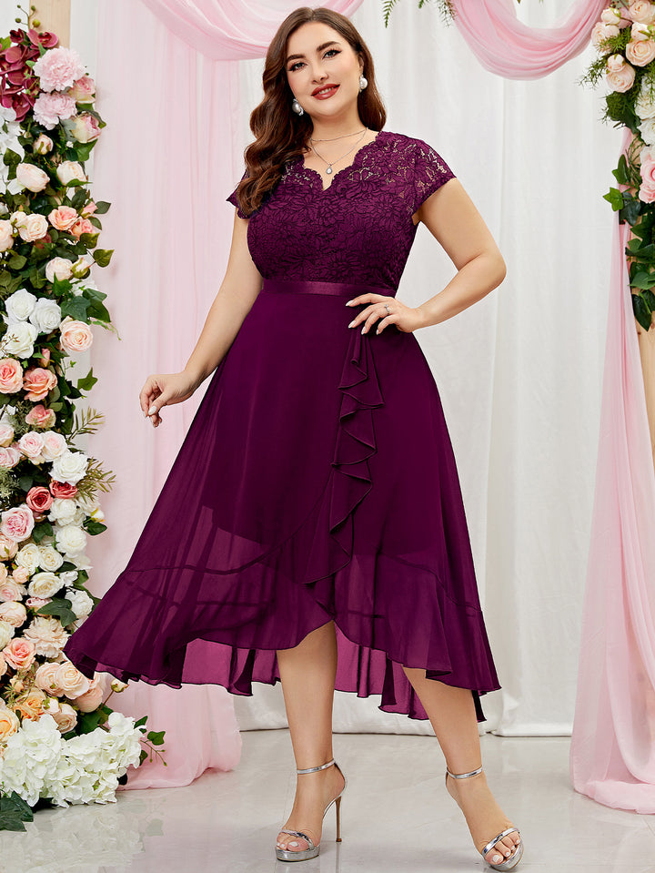 Plus Size V-Neck Floral Lace Bridesmaid Maxi Dress, Ruffle Design for Miusol Plus Size V-Neck Floral Lace Bridesmaid Maxi Dress, Ruffle Design for Miusol