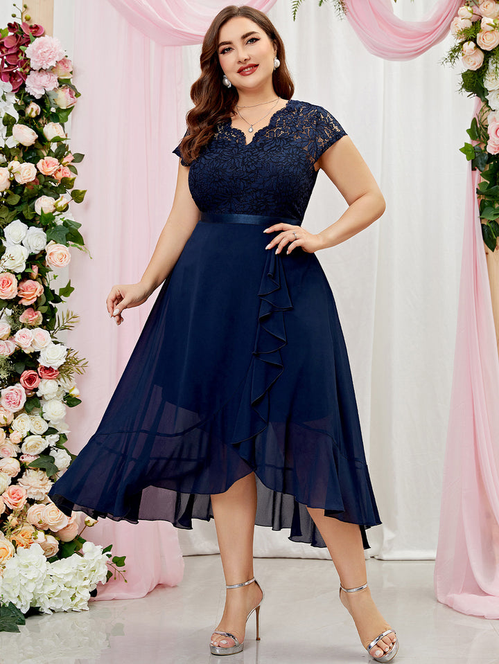 Plus Size V-Neck Floral Lace Bridesmaid Maxi Dress, Ruffle Design for Miusol Plus Size V-Neck Floral Lace Bridesmaid Maxi Dress, Ruffle Design for Miusol