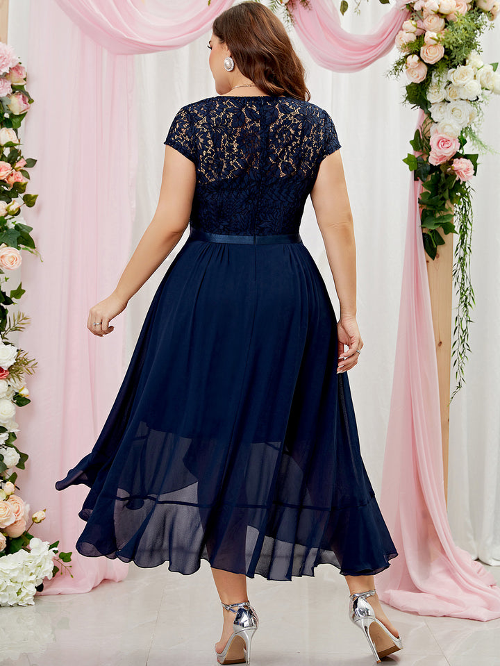 Plus Size V-Neck Floral Lace Bridesmaid Maxi Dress, Ruffle Design for – Miusol