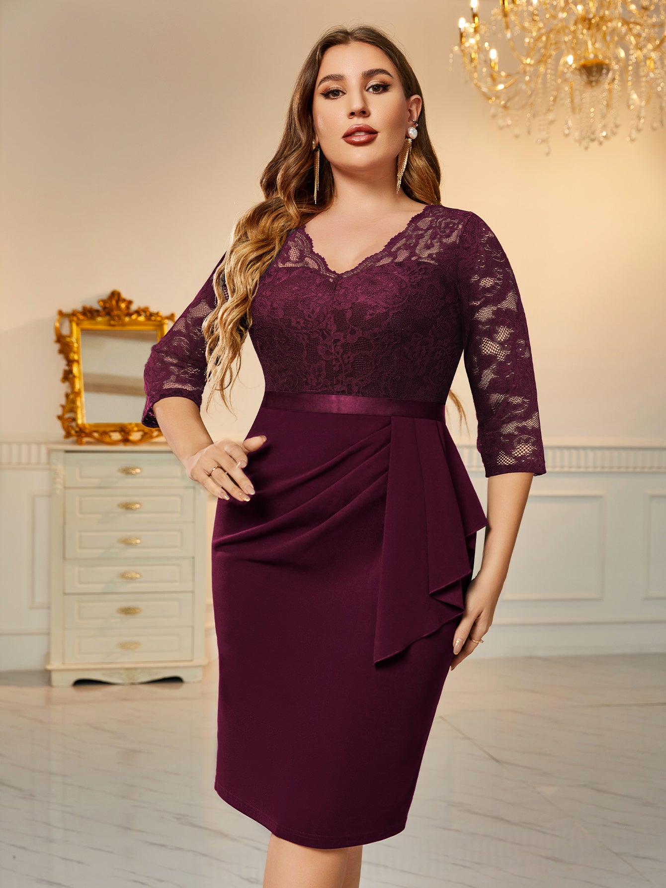 Plus Size Retro V-Neck Lace Ruffle Bodycon Cocktail Dress – Miusol