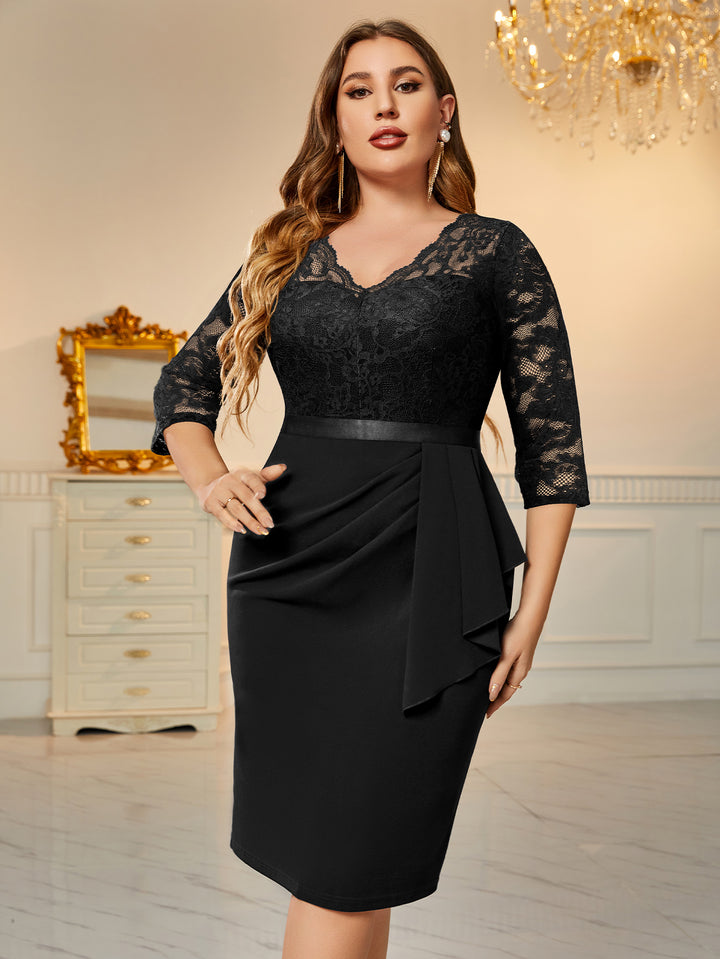 Plus Size Retro V-Neck Lace Ruffle Bodycon Cocktail Dress Miusol Plus Size Retro V-Neck Lace Ruffle Bodycon Cocktail Dress Miusol