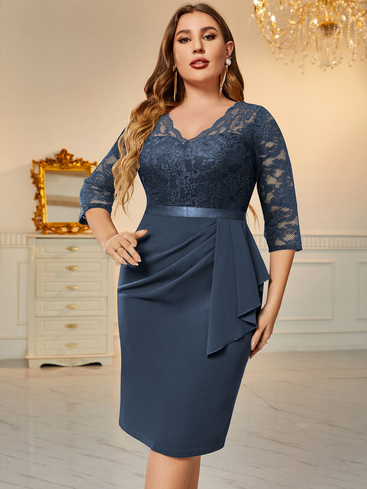 plus size v neck cocktail dress Ruffled V-neck Midi Satin Wedding Guest Dress