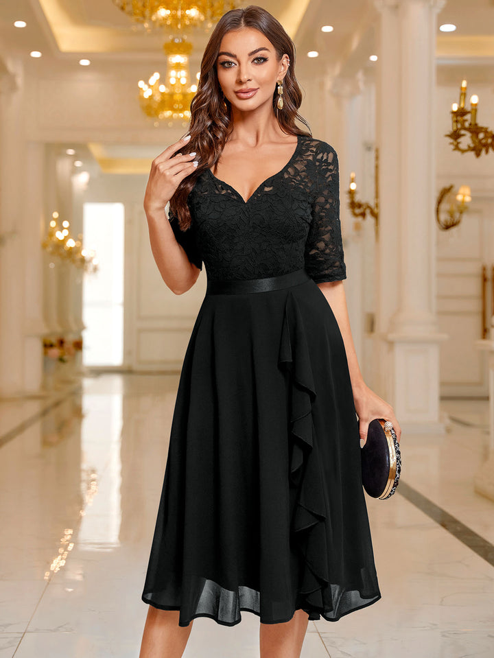 V-Neck Floral Lace Bridesmaid Party Dress, Elegant Fit and Flare Style – Miusol