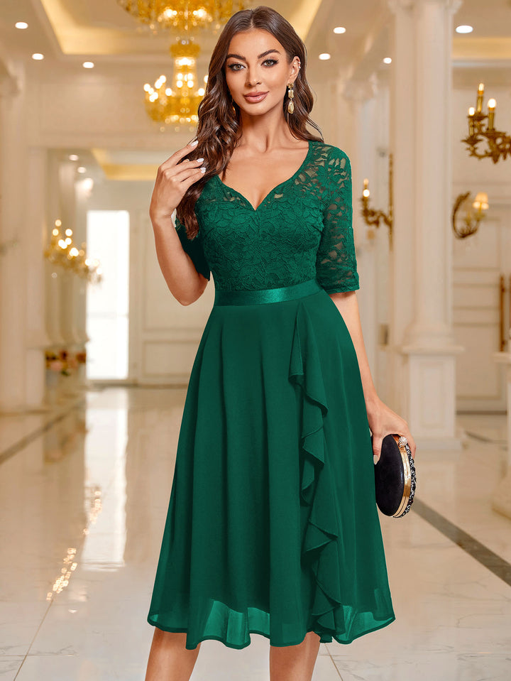 V-Neck Floral Lace Bridesmaid Party Dress, Elegant Fit and Flare Style – Miusol