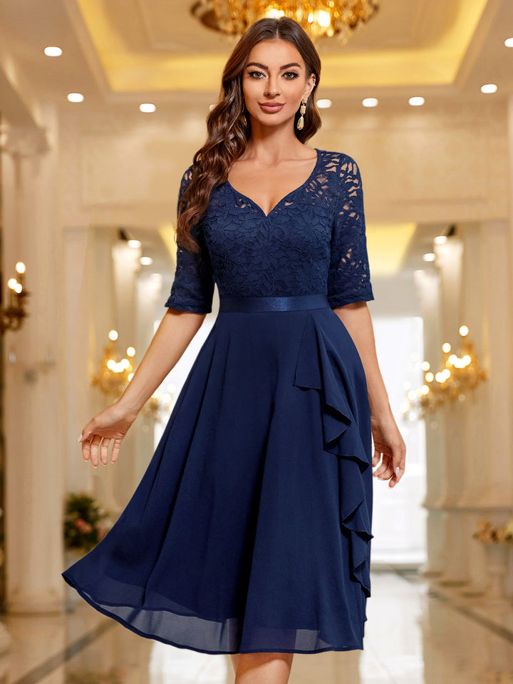 v neck cocktail dresses with sleeves Women's Long Sleeve Wrap V Neck Tie Waist Side Split Slim Fit Prom Dress Wedding Party Midi Dresses Green,M
